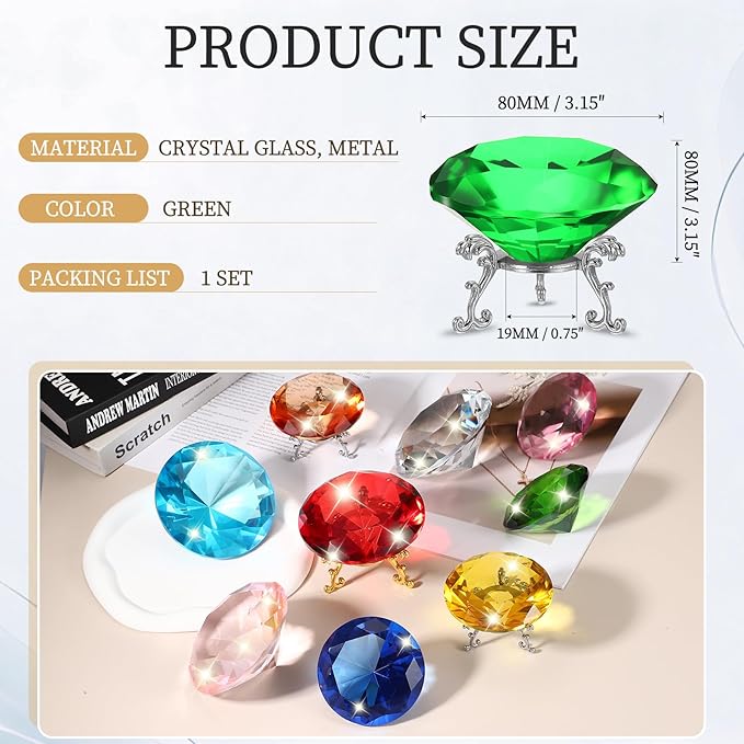 PATIKIL Diamond Crystal Paperweight, 80mm / 3.15" Crystal Paperweight Paper Weight with Silver 19 Metal Base for Home Office Desktop Table Decor Wedding Party Ornaments, Green