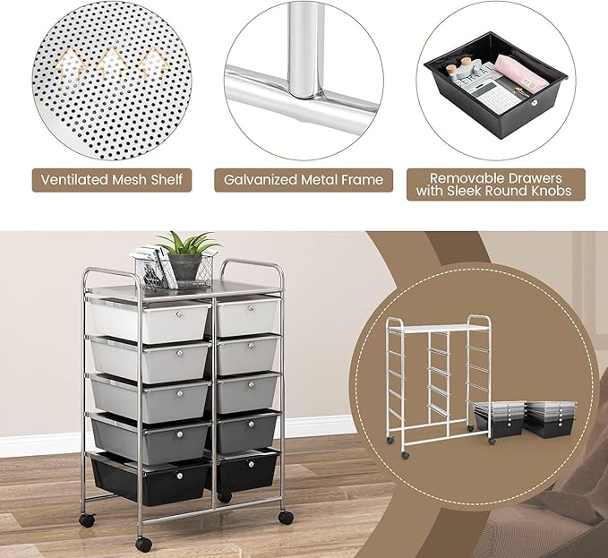 LDAILY 10 Drawer Rolling Cart, Storage Cart Organizer on Wheels, Drawer Cart with Metal Frame & Large Storage Capacity, Rolling Cart with Drawers for Living Room Classroom, Office