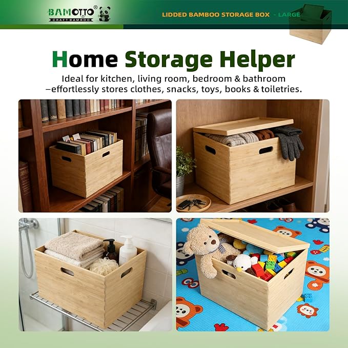 BAMOTTO Lidded Bamboo Storage Bins & Box/Cube/Basket, Home Kitchen and Office Storage Boxes with Handles & Stackable for Organizer Tableware, Crafts, Office Shelf Books, Large, 14.6”x10.2”x9.6”
