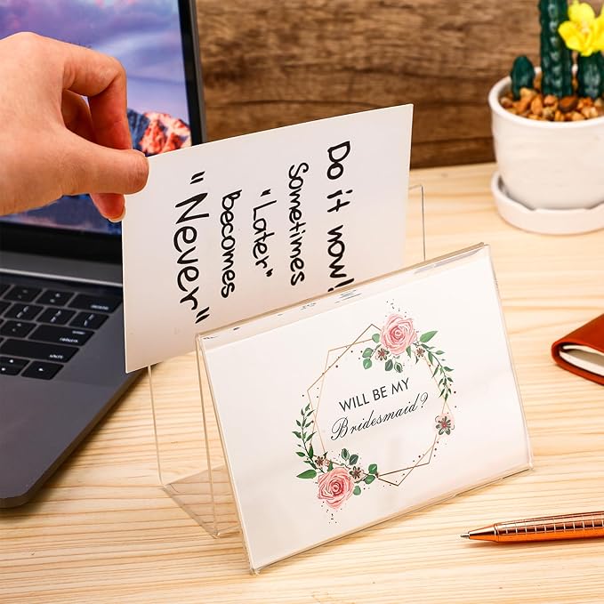 Crtiin 3 Pcs Clear Acrylic Postcard Holder Business Card Holder Greeting Card Display Clear Business Stand Rack for Index Organizer Desk Table Home Office, 6 x 4.25 x 4.5 Inches