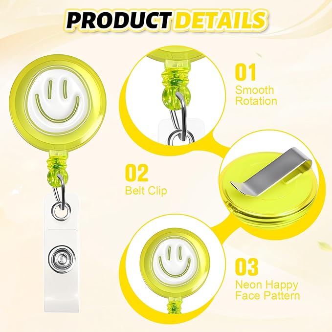 6Pcs Cute Badge Reel Set – Happy Face Retractable Badge Holder with Clip, ID Badge Reel for Nurses, Teachers, Hospital, Office & School (Pastel)