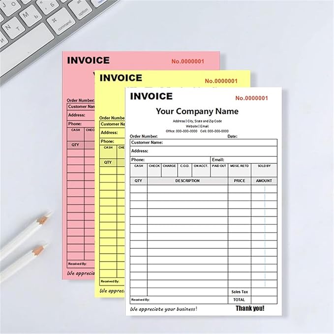 Custom Invoice Book in 3-Part /2-Part Receipt Book with Carbon Copies Personalized Carbonless Service Invoice Form Books Sales Order Book with Company Name Logo Address,A-Invoice Book with Logo