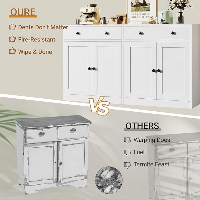 TaskStorz Metal Storage Cabinet with 2 Doors and 1 Drawer，Farmhouse Buffet Cabinet with Storage，32.3" H Coffee Bar Cabinet with Storage for Kitchen, Dining Room, Hallway, White