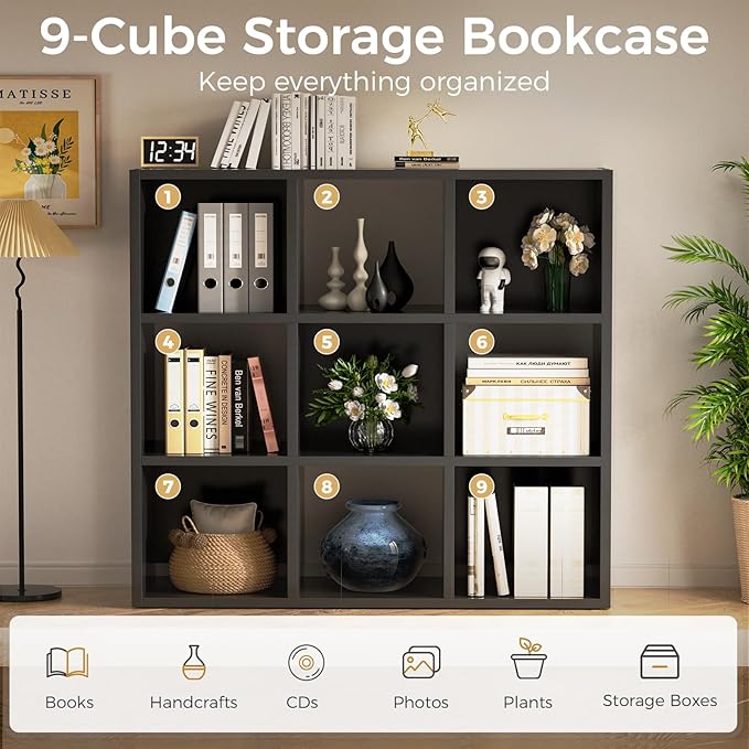 COMHOMA 9 Wood Cube Storage Organizer with Open Back and Removable Back Panels, 11In Black Cube Storage Bookshelf, Cubicle Shelf Bookcase for Home Office Bedroom Living Room, Vertical or Horizontal