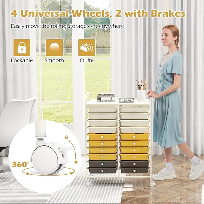 Happygrill 20-Drawer Organizer Cart Tools, Mobile Utility Storage Cart with Removable Drawers & Lockable Wheels, Rolling Storage Cart with wheels for Home Office School (Yellow, Beige & Grey)