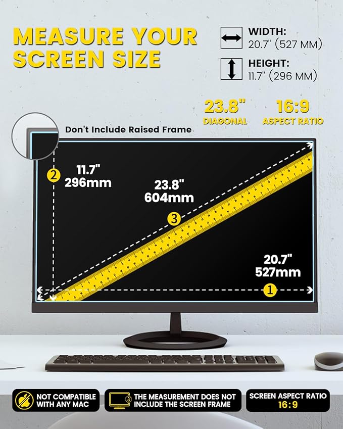 F FORITO 23.8 Inch 16:9 360°Privacy Screen Protector for Computer Monitor, Removable Eye Protection Anti Blue Light Anti Glare Computer Screen Privacy Shield for 23.8" Widescreen Monitors