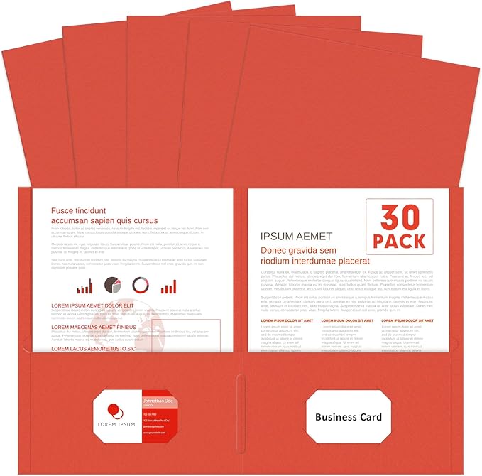 Two Pocket Folders, PANDRI 30 Pack 2 Pocket Folders, Letter Size Paper File Folder for School Office Home Business, Red
