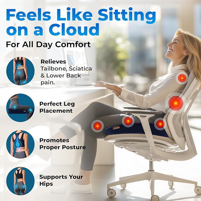 TOP COMFORT Seat Cushion, BodySync™ Technology with Non-Slip Gel & Memory Foam for Tailbone, Sciatica & Back Pain Relief, Office Chair Cushion, Car Seat Cushions for Driving (Dark Grey Blue)