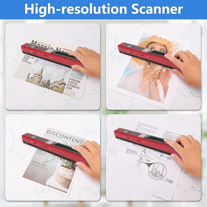 Ymiko A4 Document Scanner Portable High Resolution 900 DPI Multifunctional Handheld Image Scanner for Home Office Banking Library (Red)