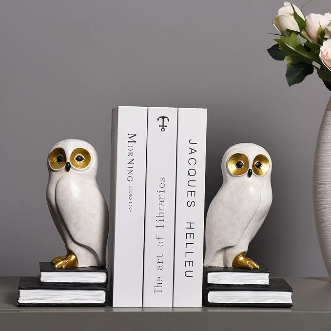 Kakizzy Book Ends for Shelves, Owl Decorative Bookends Bronze Bird Book Stopper Unique Kids Book Holders with Anti-Slip Base Luxurious Bookends for Kids Rooms Office Home Decor(White)