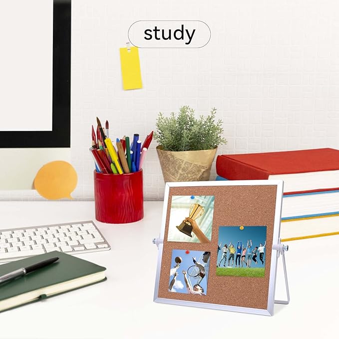 kdafio 9.8"×9.8" Cork Board Bulletin Board, Double Sided Pin Board with Silver Aluminum Border, Desktop Small Cork Board with Stand Suitable for Home, Office, Desk Message Board or Picture Board