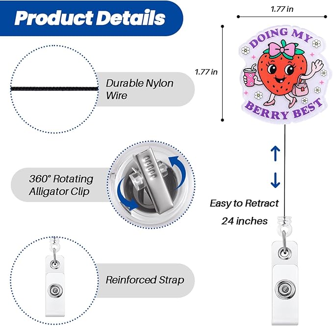 Doing My Berry Best Cute Strawberry Badge Reel, Retractable ID Card Badge Holders, Healthcare Worker Badge Clip for RN MA Pediatric Nurse Doctor Nursing Student Ambulatory Care PT OT Therapists HR