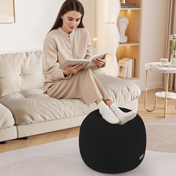 MeMoreCool Stuffed Round Pouf Ottoman Foot Rest, Floor Pouf Foot Stool with Soft Foam Chunk Filling, Small Round Ottoman Footstool Circle Footrest for Living Room, Black