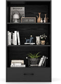 LOKO 4-Tier Bookcase with Storage Drawer, Modern Organizer Display Storage Shelves with Anti-toppling Device, Freestanding Bookshelf with 3 Open Shelves & 1 Drawer, Living Room, Study, Office (Black)
