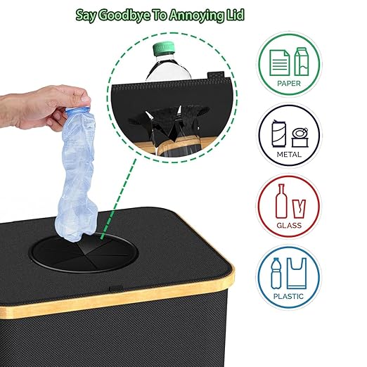 Pakusane Recycling Bin for Kitchen Indoor Home,Beige Color Large 100L/ 26 Gallon Recycle Bin with Lid Removeable Reusable Inner Bag Bottle Can Glass Waste Plastice Stickers
