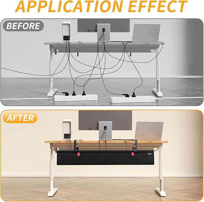 SUREUP9 No Drill Under Desk Cable Management Tray, 28" Cord Organizer with Clamp, Fabric Cable Management for Standing Desks, Ideal for Home & Office - Black