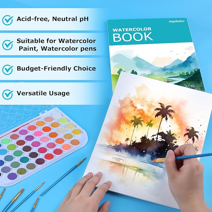 Hapikalor 8"x10" Watercolor Paper Pad, 1-Pack, 140lb/300gsm Artist Painting Drawing Paper Book, Art Supplies for Adults Kids, Watercolors, Watercolor Paint Set, Sketchbook, Journal, Teal