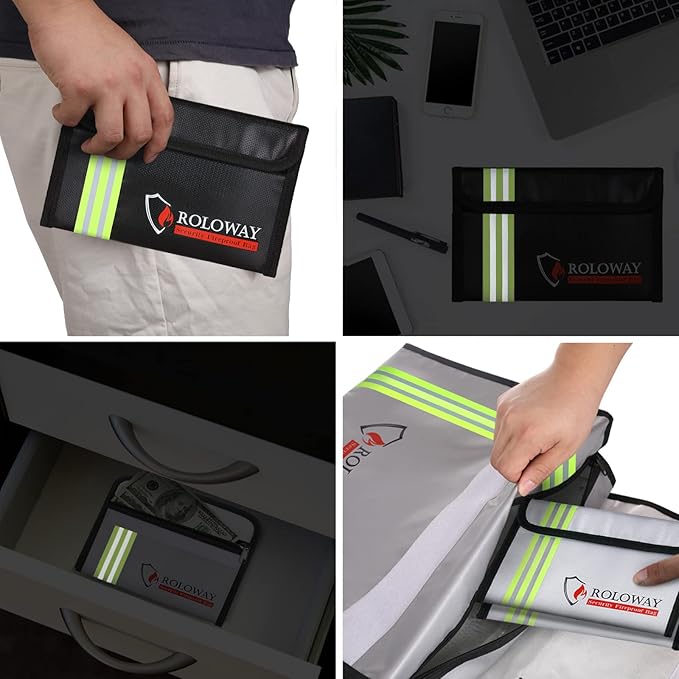ROLOWAY Small Fireproof Bag (5 x 8 inches) with Reflective Strip, Fireproof Money Bag for Cash, Valuables, Passport, Currency & Keys (2-Pack)
