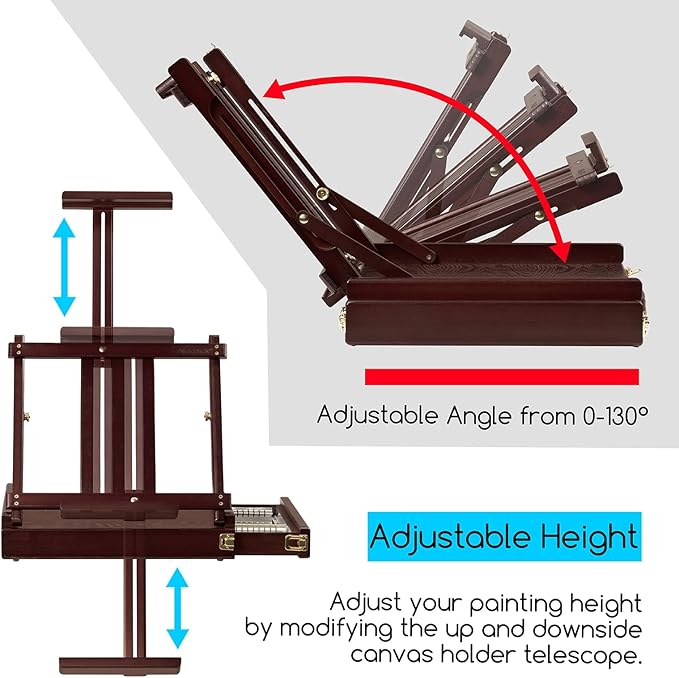 MEEDEN Studio Sketchbox Table Easel with Metal Lined Drawer - Adjustable Solid Beech Wood Tabletop Easel & Sketchbox Artist Easel with Storage, for Studio or Plein Air - Holds Max 34", Walnut