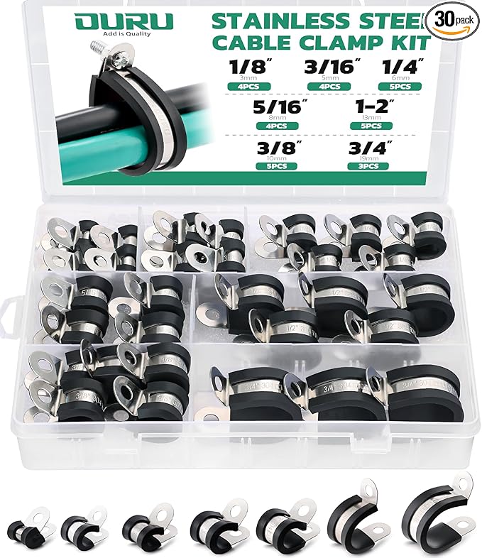 OURU 30PCS Cable Clamps Assortment Kit,7 Sizes—1/8" 3/16" 1/4" 5/16" 3/8" 1/2" 3/4" Stainless Steel Rubber Coated Cushioned Insulated Cable Clamp,Automotive Wire Pipe Clamps