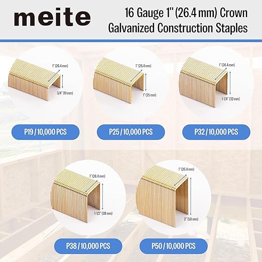 meite 16 Gauge 1-Inch Wide Crown Staples 3/4'' Leg, Galvanized P-Type Heavy Duty Construction Staples for Stapler Gun - Roofing Subflooring House-Wrap, Strong Holding & Tear-Resistance, 10,000 PCS