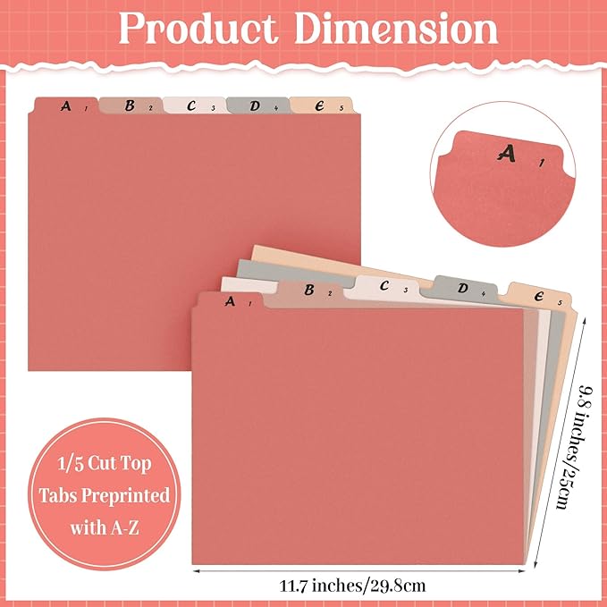 Noveread 1 Set 25 Alphabet File Dividers A-Z Top Tab Letter Size 1/5 Cut Tab Positions Alphabetical Number File Folder Organizer Guides Cabinet and Desk Dividers for School Office Home (Retro)