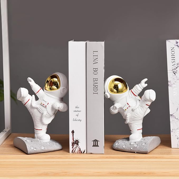 Kakizzy Book Ends for Shelves Decorative, Upgraded Astronaut Bookshelf Stopper Resin Book Shelf End Holders Heavy Duty Bookends for Kids Gifts Cute Spaceman Book Ends for Space Decor(F2-Gold)