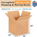 Medium Cube Moving & Shipping Boxes 14 x 14 x 14 inches (5-Pack) - Extra Strength 200 lb vs Regular - Corrugated Boxes for Shipping - Medium Shipping Box by IDL Packaging