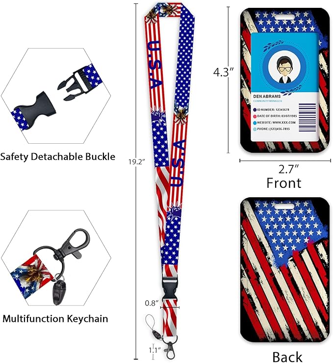 Giancomics 4th of July Lanyards for Id Badges, American Flag ID Badge Holder with Retractable Reel, Patriotic Stars Stripes Teacher Lanyard with Keychain Clip Name Tag Card Holder for Women Gift