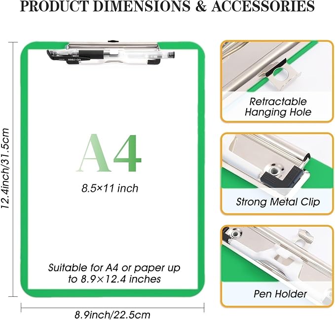2 PCS Green Plastic Clipboard with Pen Holder,Nursing Clipboard Standard Letter A4 Size,Thickened Clip Boards 8.5x11,Hanging Clipboards for Women Kids Students School Office Home