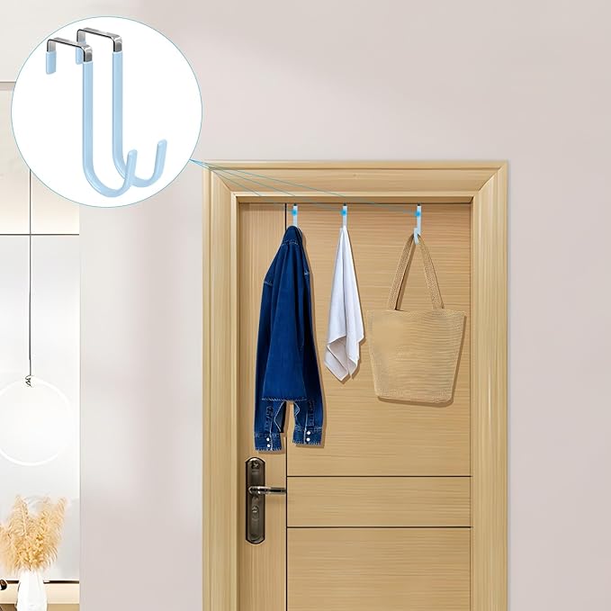 FYY Over The Door Hooks, 4 Pack Door Hangers Hooks with Rubber Prevent Scratches Heavy Duty Organizer Hooks for Living Room, Bathroom, Bedroom, Kitchen Hanging Clothes Towels Hats Coats Bags Cyan