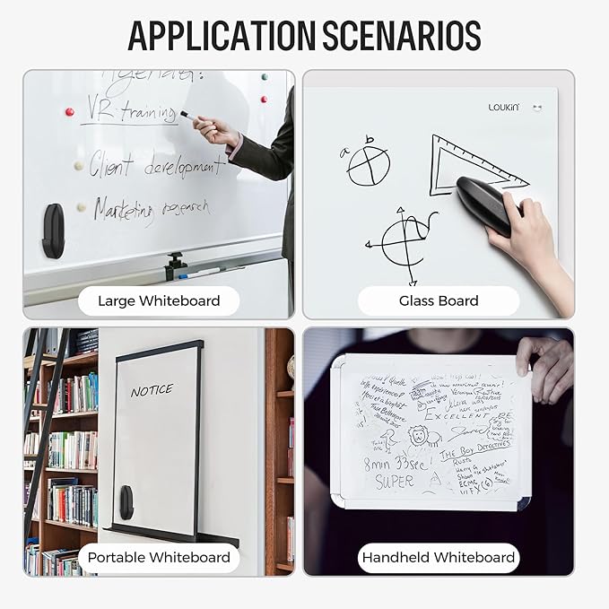 loukin Replaceable Dry Erase Eraser, Double-Sided Whiteboard Eraser with Magnetic Holder, Precision-Point Glass Board Wiper for Classroom, Home and Office (Whiteboard Cleaner Included), Black