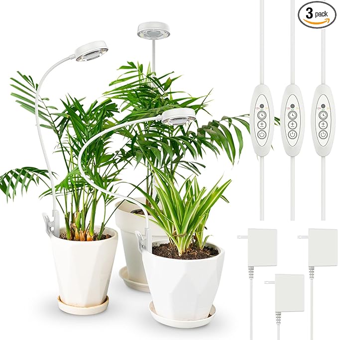 SANSI Grow Lights for Indoor Plants, Pot Clip LED Plant Light for Growing Full Spectrum, Plant Growing Lamp with 4-Level Dimmable, Auto On Off 3 6 12 Hrs Timer for Pot Plants, White 10W 3-Pack