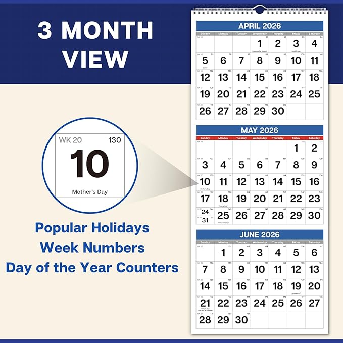 Dunwell 3-Month Wall Calendar 2026 (Blue), Large Monthly Hanging Calendar with Big Grid Numbers, Easy to Read Large Print, Use to Dec 2026, For Office or Home, 11x26 Open, Ships Folded