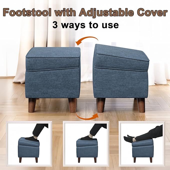 FAGAGA Storage Ottomans with Adjustable Cover, BOGO, Soft Step Stool, Footrest and Seat, Ottoman Foot Rest Set for Living Room, Bedroom, Dorm, Blue