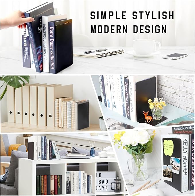 VONDERSO Metal Bookends Black, 2 Pairs Decorative Metal Book End Supports for Shelves Gauge Book Divider Stopper Holders with Non-Slip Anti-Scratch Rubber Pads