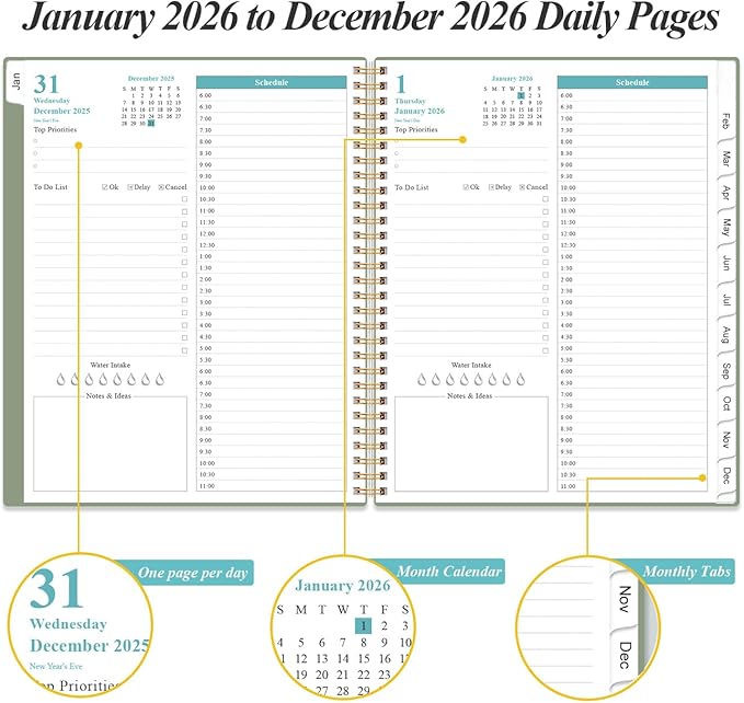 Daily Planner 2026 Full Page Per Day- 2026 Daily & Monthly Planner from January 2026 to December 2026, Day Planner 2026 with 12 Months Tabs, 8.5" x 11", Green