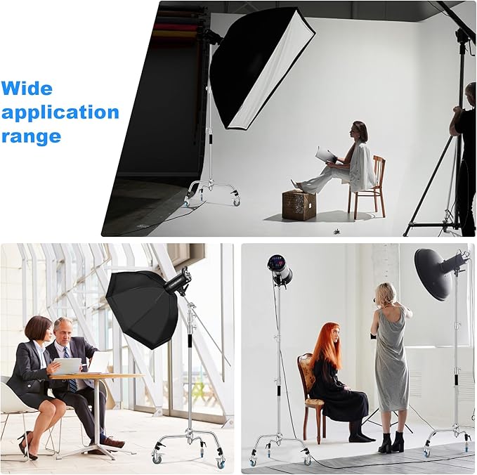 Soonpho Adjustable 10ft/3.3m Heavy Duty Light Stand with Boom Arm and Wheels,100% Stainless Steel Reflector C-Stand with Grip Head & Sandbag &Clamps,for Studio Video Reflector,Monolight,Softboxes