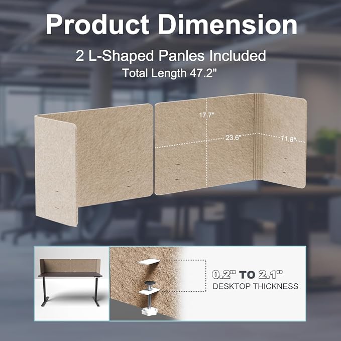 ERGO COLLECT Desk Privacy Panel,2PCS L-Shaped Clamp-On Office Desk Divider,2-in-1 Adjustable Acoustic Desktop Partition Or Under Desk Modesty Screen,for Office,Home,Felt(Dark Camel, 47.2" x 17.7")