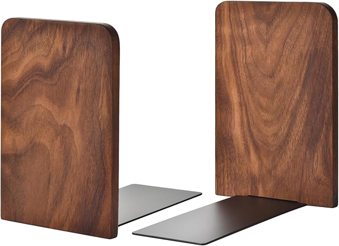 VIVTOB Book Ends, Black Walnut Wooden Bookends for Shelves - Heavy Duty Non-Slip Book Organizers, Upgraded Decorative Bookend Holders for Home, Kitchen, Office, Set of 2, Medium