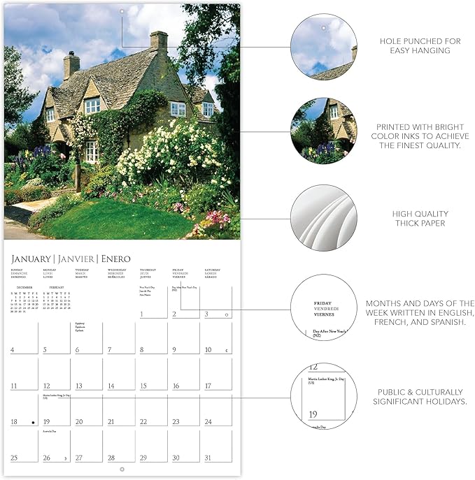 Graphique 2026 Cottages Wall Calendar | 12” x 12” | Thick Paper | Home & Office Organizer | Large Monthly Grid | 3 Languages & Marked Holidays | 4 Month Preview Page for 2027