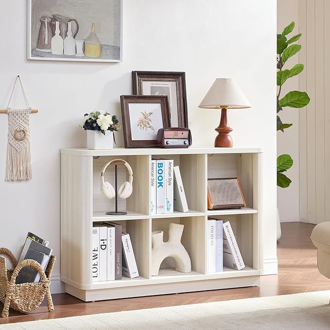 Joaxswe 6 Cube Bookcase, 40" Wide Low Horizontal Book Shelf Curved Edge, Wood Floor Standing 2-Tier Bookshelf with Base, Modern Short Storage Cabinet Book Case for Bedroom,Office, Grey-White Cream Oak
