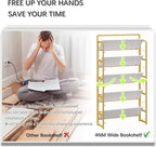 4NM No Assembly Extra Wide 5 Tiers Folding Bookshelf Storage Shelves Vintage Bookcase Standing Racks Study Organizer Home Office (White Gold)