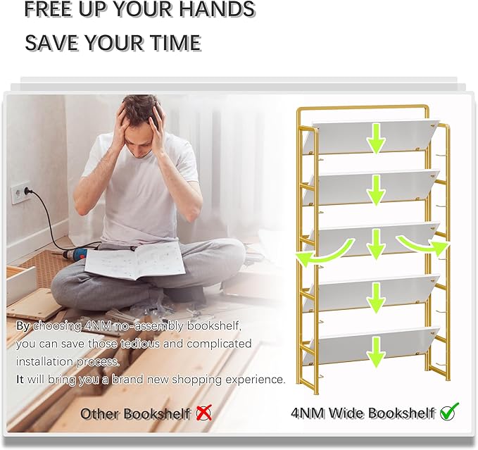 4NM No Assembly Extra Wide 5 Tiers Folding Bookshelf Storage Shelves Vintage Bookcase Standing Racks Study Organizer Home Office (White Gold)