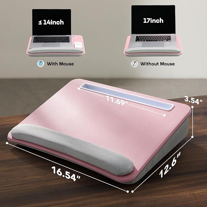 HUANUO Lap Laptop Desk - Portable Lap Desk with Pillow Cushion, Fits up to 15.6 inch Laptop, with Anti-Slip Strip & Storage Function for Home Office Students Use as Computer Laptop Stand - Pink