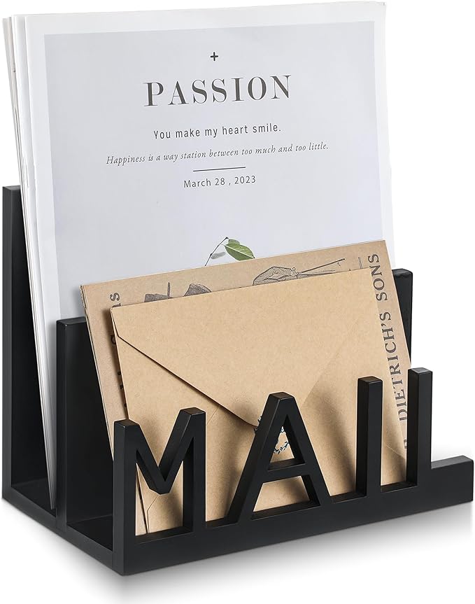 Vercraft 2 Slot Mail Organizer Holder Countertop Wooden Mail Black Letter Holder with Cutout Lettering Design for Office Desktop Envelope and Document Storage Rack