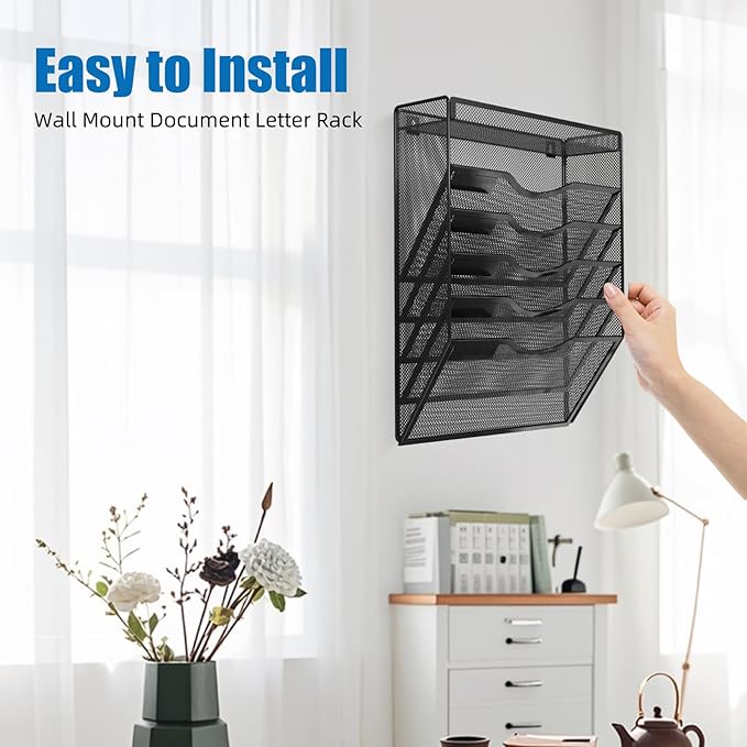 KZWKRG 6 Tier Wall File Organizer Hanging Vertical File Organizer, Wall Mounted Mail Paper Document Folder Holder, Mesh Magazine Rack Mail Document Organizer for Office School Home(Black)
