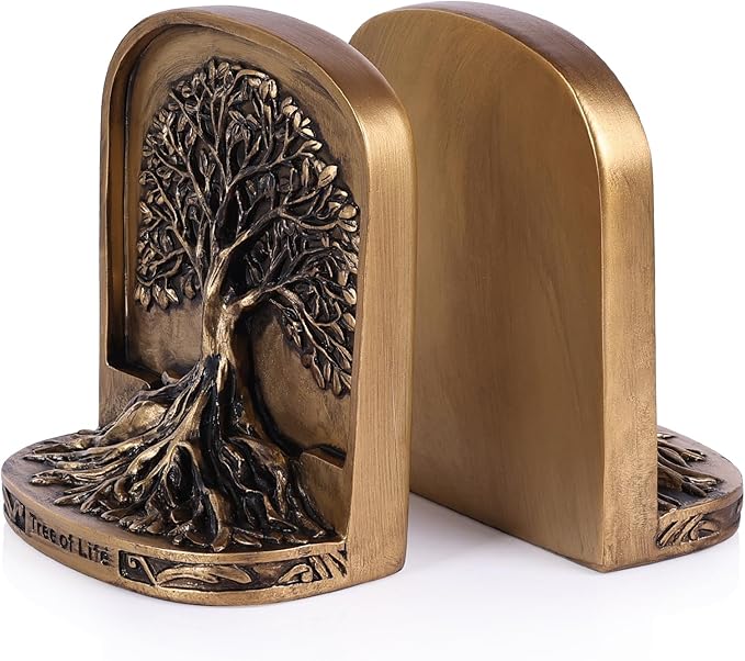 Resin Tree of Life Bookends Set, 2Pcs Decorative Non-Skid Book Ends for Heavy Books, Shelves, Bookcase or Desk - Antique Bronze Color Home Décor Gift, Library and Office Decor