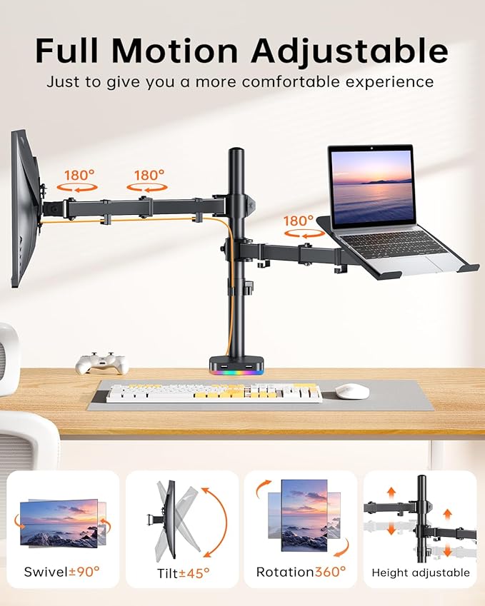 RGB Monitor and Laptop Mount Stand with 3 USB Ports, Charging and USB Data Transfer, Adjustable laptop stand for 13" to 32" Screen and 11"-17” Laptop, Holds 18lbs/Arm, 75x75/100x100 VESA, C-Clamp