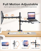 RGB Monitor and Laptop Mount Stand with 3 USB Ports, Charging and USB Data Transfer, Adjustable laptop stand for 13" to 32" Screen and 11"-17” Laptop, Holds 18lbs/Arm, 75x75/100x100 VESA, C-Clamp